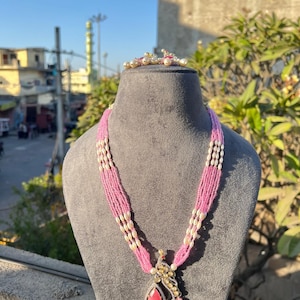Pink Long Polki Necklace| Indian Long Necklace |Pakistani Jewelry | Kundan Long Necklace Mala |Indian Jewelry| semiprecious beads Necklace|
