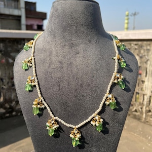 Long Polki Necklace - Pakistani Jewelry - Kundan Necklace Set w/Earrings - Indian Wedding Bridal Jewelry - Semiprecious Beaded Necklace