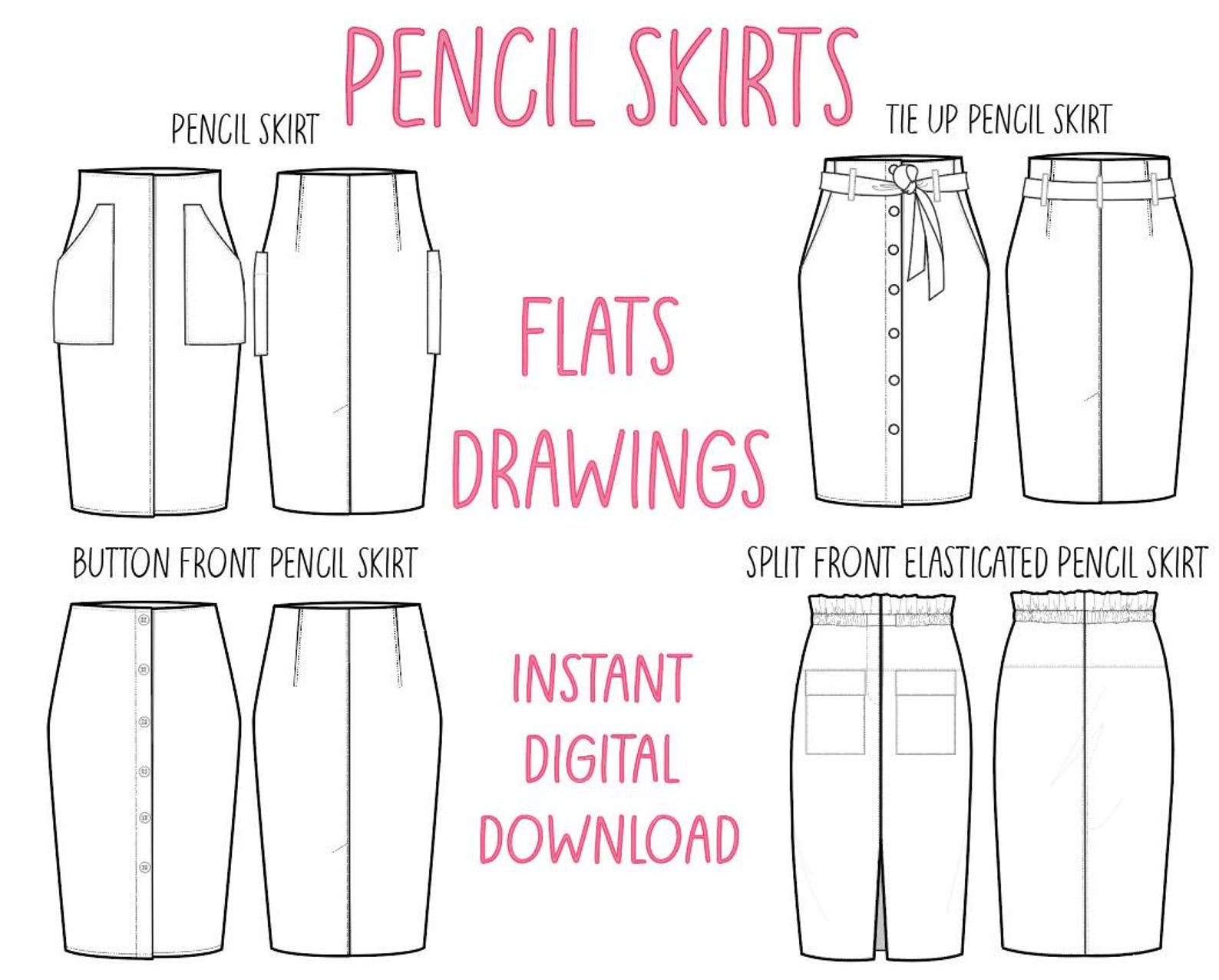 Pencil Skirt Flat Drawings, Formal Skirts, Button Front, Highstreet