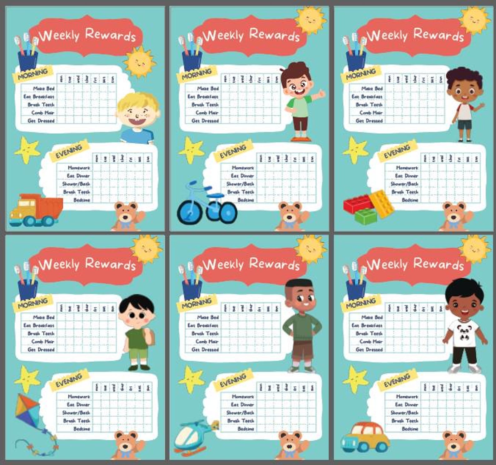 Weekly Rewards Chart for Boys, 6 Different Characters to Choose From