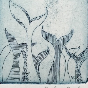 original etching in blue of mermaid or whale tails