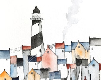 giclee A4 art print of an original harbor town ink drawing and watercolor painting with lighthouse