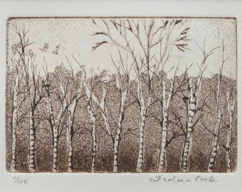 original etching and aquatint of woodland trees
