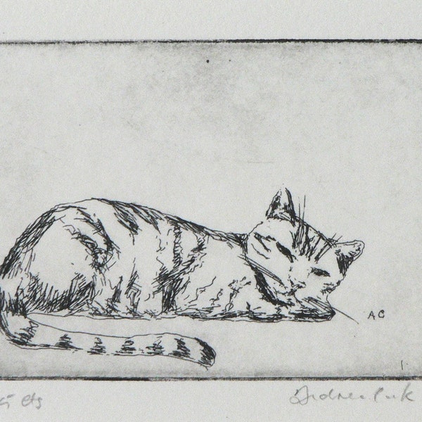 original etching of sleeping cat