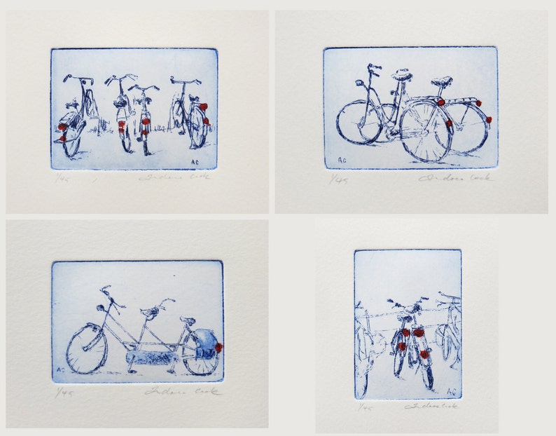 two bicycles, small original etching image 3