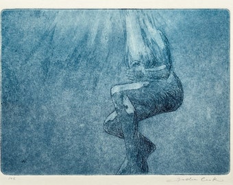 original color etching and aquatint in blue: a swimmer underwater