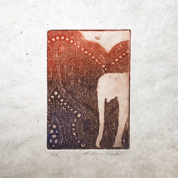 original colour etching - elephant, special edition  printed on gray handmade paper from Nepal