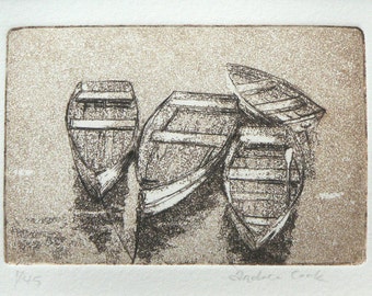 original etching and aquatint of rowing boats on the water