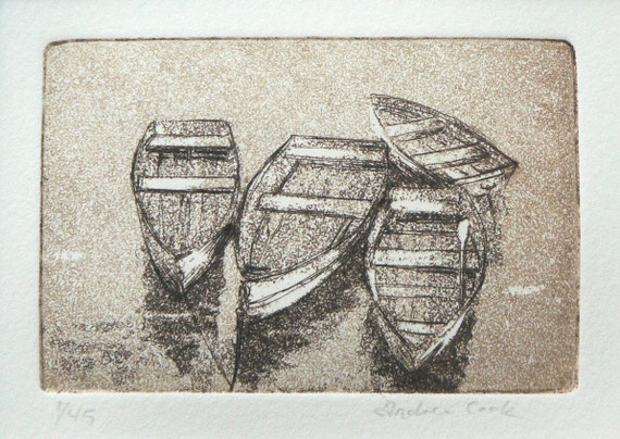 with mat original etching and aquatint of a rowboat
