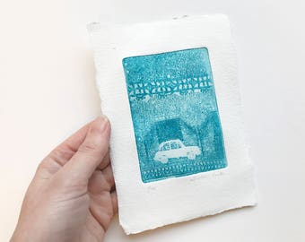 original etching - vintage car Morris Minor, special edition printed on handmade paper in turquoise ink