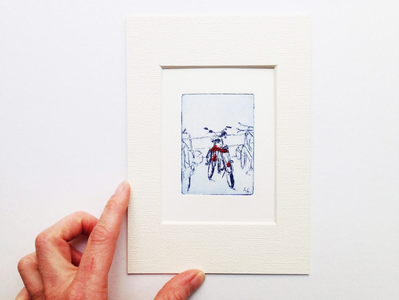 two bicycles, small original etching image 2