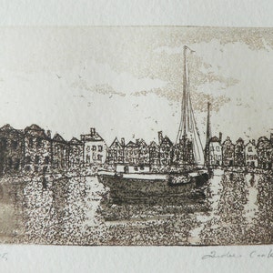 original etching of a harbor town and sailing boat image 1