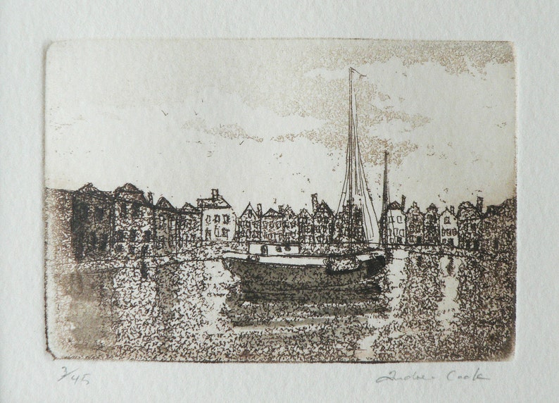 original etching of a harbor town and sailing boat image 1