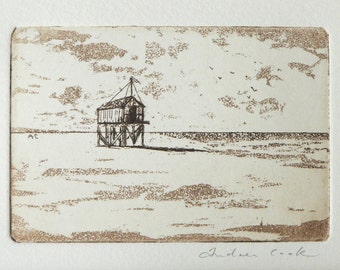 original etching of a beach hut