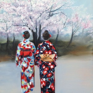 giclee print of 2 ladies wearing kimono under the cherry blossom