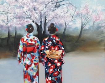 giclee print of 2 ladies wearing kimono under the cherry blossom