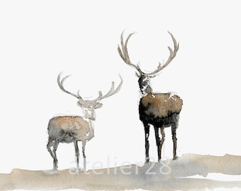 giclee art print of a watercolor painting of two reindeer