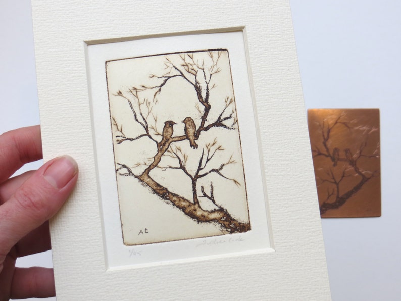 two little love birds in the trees original etching, dry point and aquatint. image 4