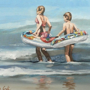 children playing in the sea with inflatable rings giclee art print