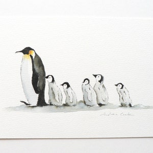 giclee print of an ink and watercolor painting of Emperor Penguins