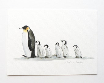 giclee print of an ink and watercolor painting of Emperor Penguins