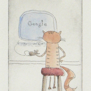 Op de afbeelding: Een handgetekend plaatje van een kat die op een stoel zit voor een computerscherm. Het scherm toont het woord "Google". Een kleine muis bevindt zich op de vloer voor de kat.