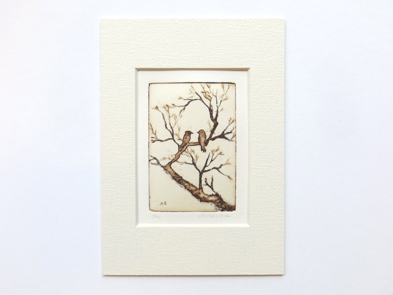 two little love birds in the trees original etching, dry point and aquatint. image 3