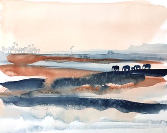 original watercolor painting - elephants on the horizon
