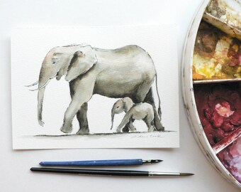 giclee print of an ink and watercolor painting of mother and baby elephants