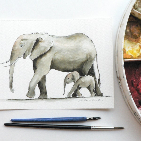giclee print of an ink and watercolor painting of mother and baby elephants