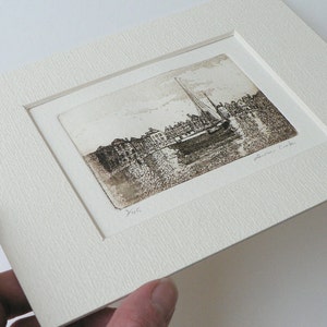 original etching of a harbor town and sailing boat image 3