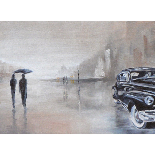 gentle rain: giclee art print of a street scene in the rain with vintage classic car chevrolet fleetline