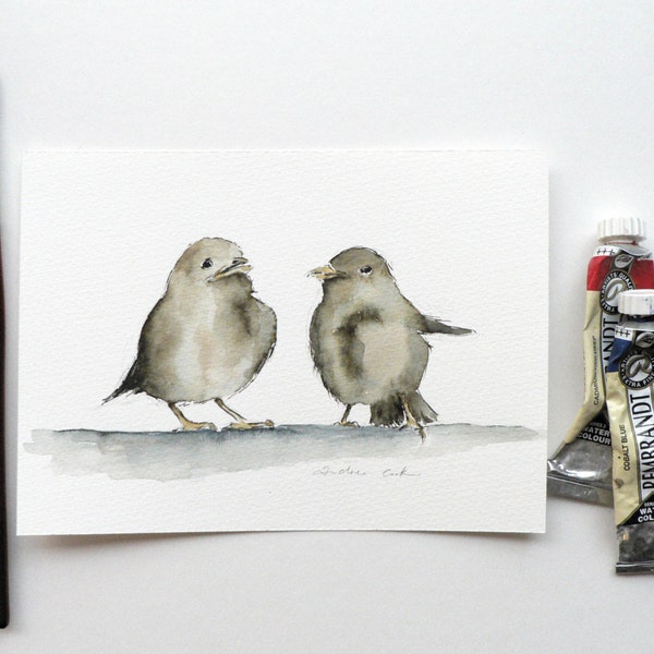 giclee print of an ink and watercolor painting of 2 sparrows