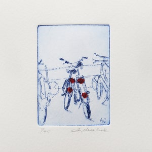 two bicycles, small original etching image 1