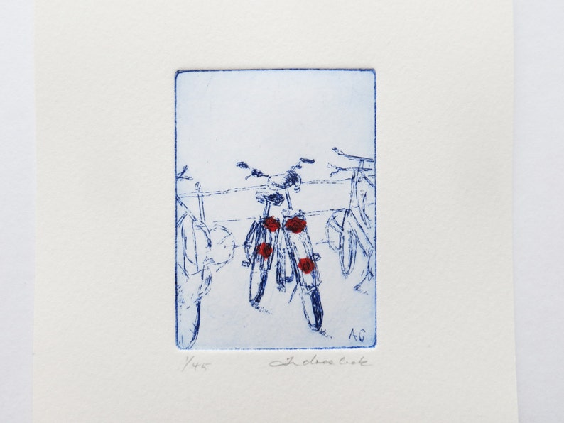 two bicycles, small original etching image 1