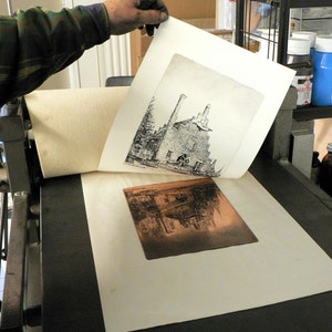 original etching of a harbor town and sailing boat image 5