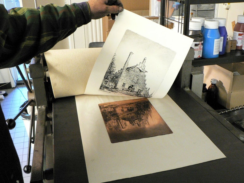 original etching of a harbor town and sailing boat image 5