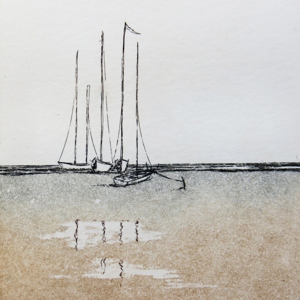 original etching and aquatint of sailing boats on the beach, with mat