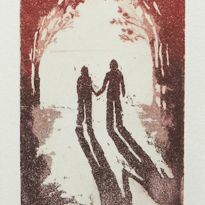 togetherness, never alone - original color etching, dry point and aquatint. Walking hand in hand into the light.