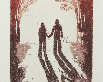 togetherness, never alone - original color etching, dry point and aquatint. Walking hand in hand into the light.