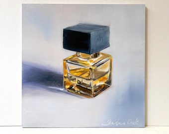 oil painting on panel of a perfume bottle