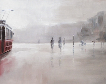 the tram: giclee art print of a street scene in the rain