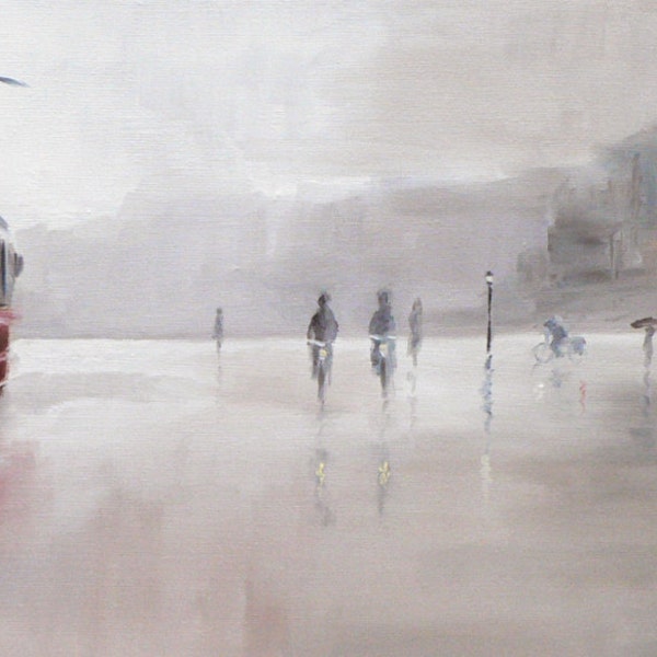the tram: giclee art print of a street scene in the rain