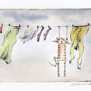 original cat etching and watercolor - hanging out to dry