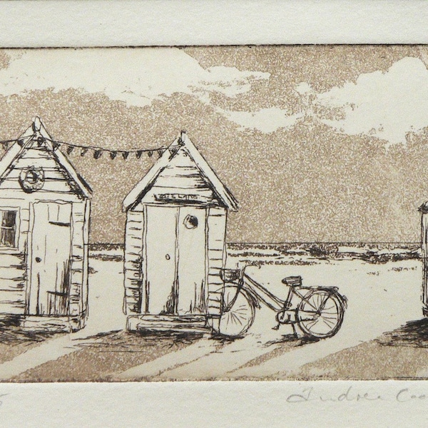 original etching and aquatint of beach huts and a bicycle