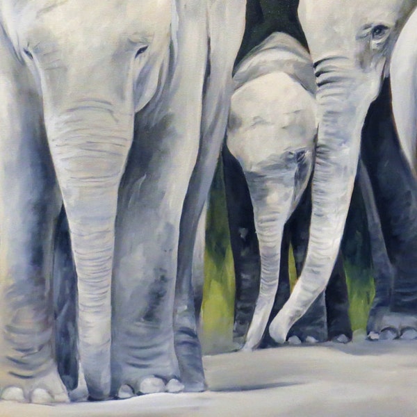 Large giclee art print of a family of elephants. Panorama 15".
