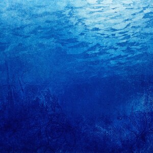 May include: Abstract watercolour painting of a deep blue ocean scene with light blue water at the top of the image and dark blue water at the bottom of the image.