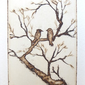 two little love birds in the trees original etching, dry point and aquatint. image 1