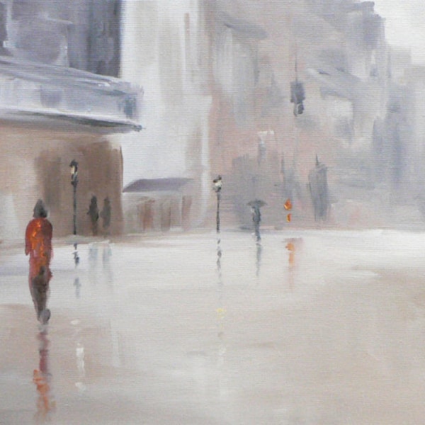 gentle rain: giclee art print of a street scene in the rain