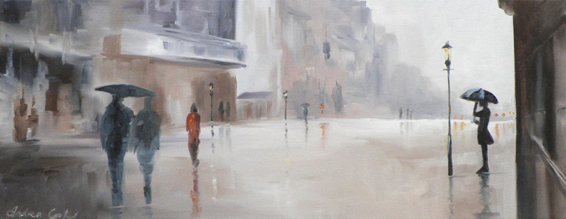 gentle rain: giclee art print of a street scene in the rain image 1